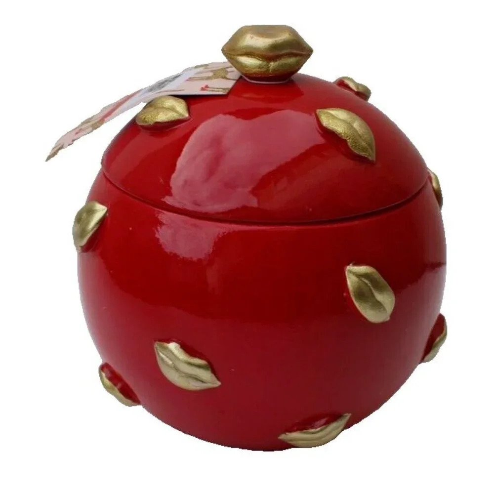 New Bouffants & Broken Hearts Red / Gold Valentine Kiss Lips Jar Trinket Dish